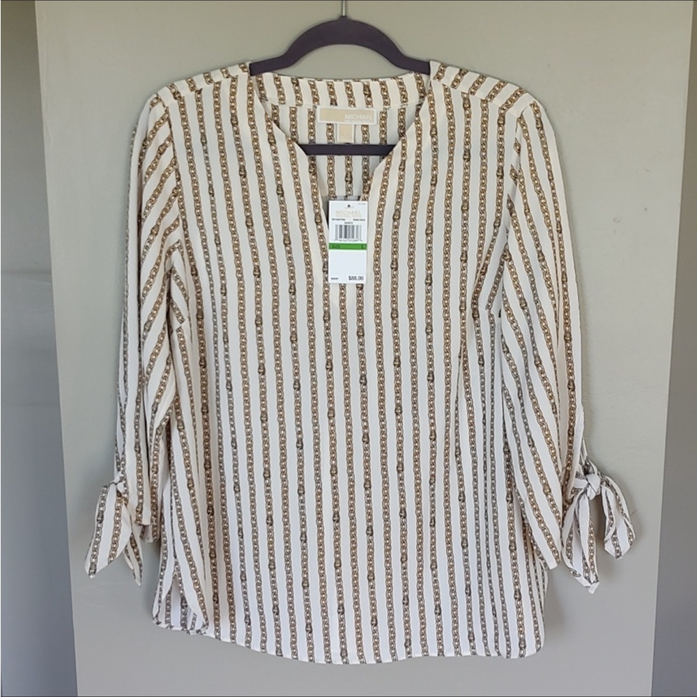 Michael Kors Chainlink Logo Cream/Gold V-neck Top - Picture 6 of 8